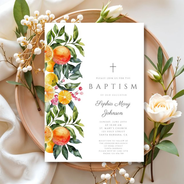 Convites Citrino Botânico Elegante Menina Religiosa Batismo (Elegant Botanical Citrus Religious Girl Baptism Invitation)