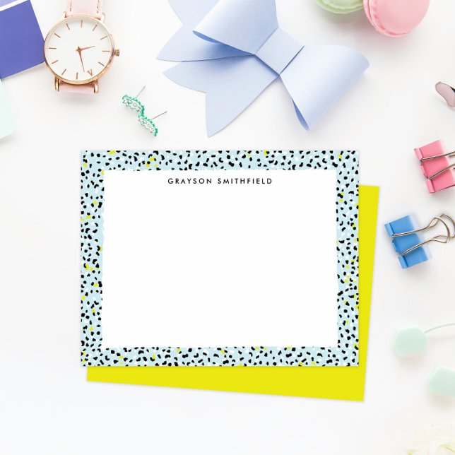 Convites Citron Aqua Snow Leopardo Imprime Papel Pessoal (fun colorful ice blue and citron yellow leopard print border frame personal stationery note cards)