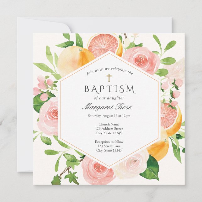 Convites Citrus Floral Baptism Elegante (Frente)