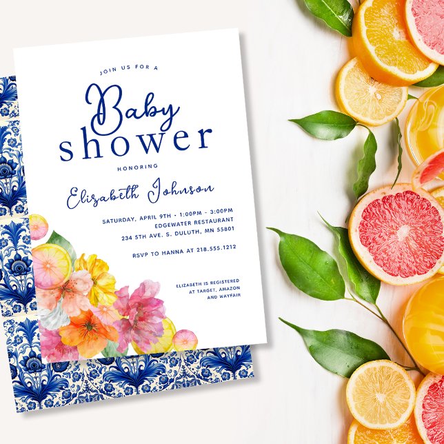Convites Citrus Floral Lemon Blue Azulejo Chá de fraldas (Citrus Floral Lemon Blue Tile Baby Shower Invitation)