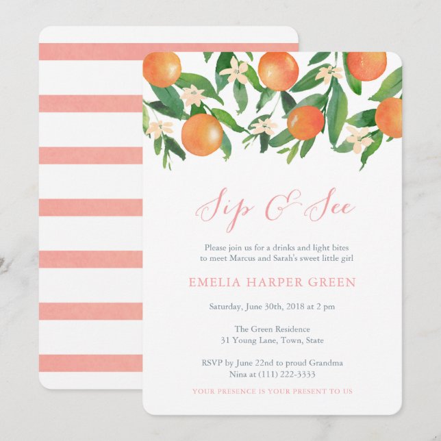 Convites Citrus fruta laranjas Sip and See Party, Baby Girl (Frente/Verso)