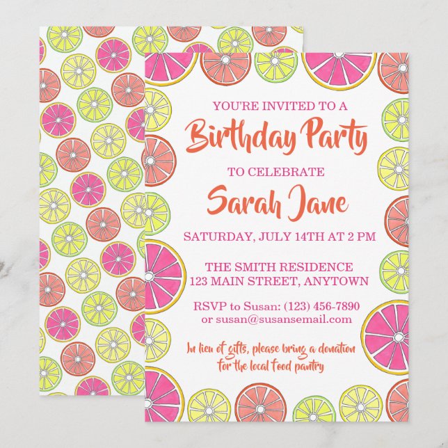Convites Citrus Fruta Lemon Limão Orange Grapefruit Party (Frente/Verso)