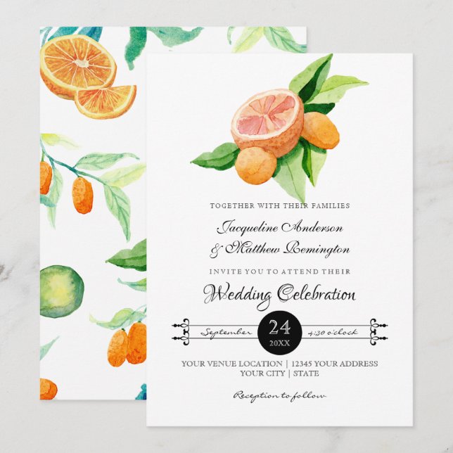 Convites Citrus Kumquat Lemon Orange Typography Leaf (Frente/Verso)
