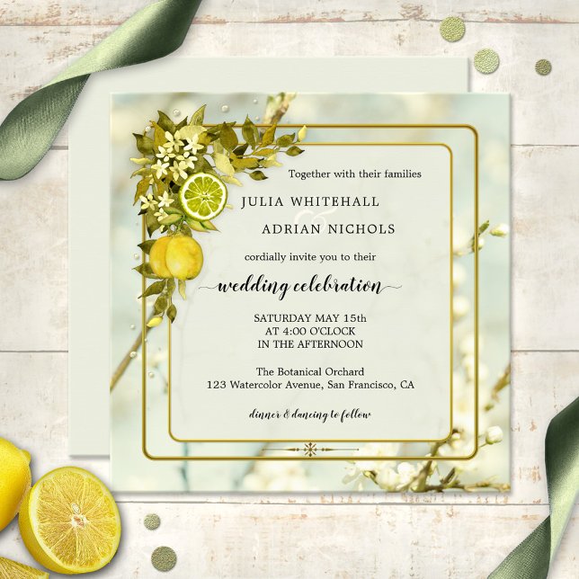 Convites Citrus Lemon Orchard Watercolor Invitation (Wedding invitation featuring watercolor painted leaves with lemon and citrus fruits and flowers)