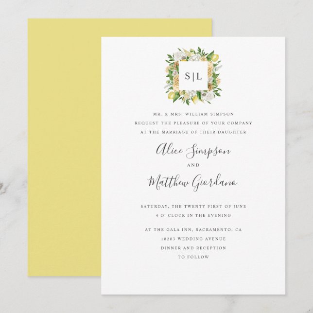 Convites Citrus Lemons e deixa monograma formal de casament (Frente/Verso)