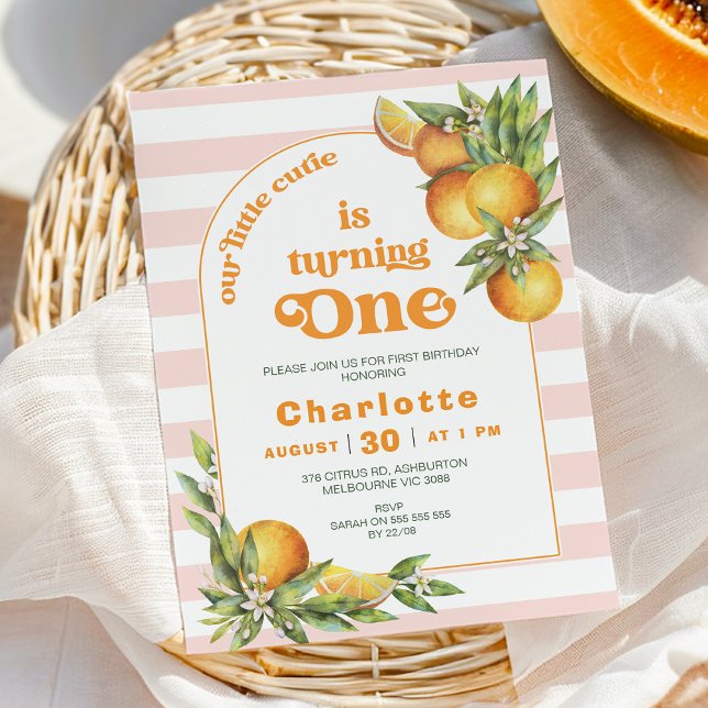 Convites Citrus Little Cutie One primeiro aniversario (Editable Our Little Cutie Birthday Invitation Girls Clementine Oranges Birthday Party Arch Stripe)