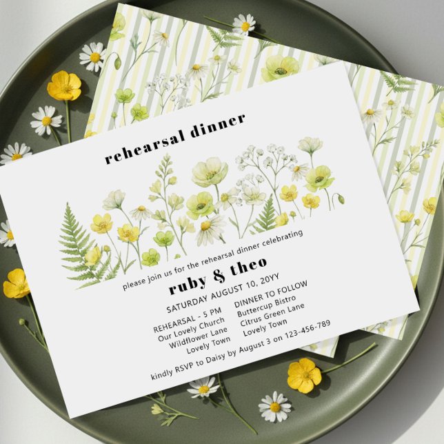 Convites Citrus Wildflower Ghost Stripe Wedding Rehearsal (Rehearsal Dinner Invitation - from Citrus Green Wildflower wedding collection by Darling & May)