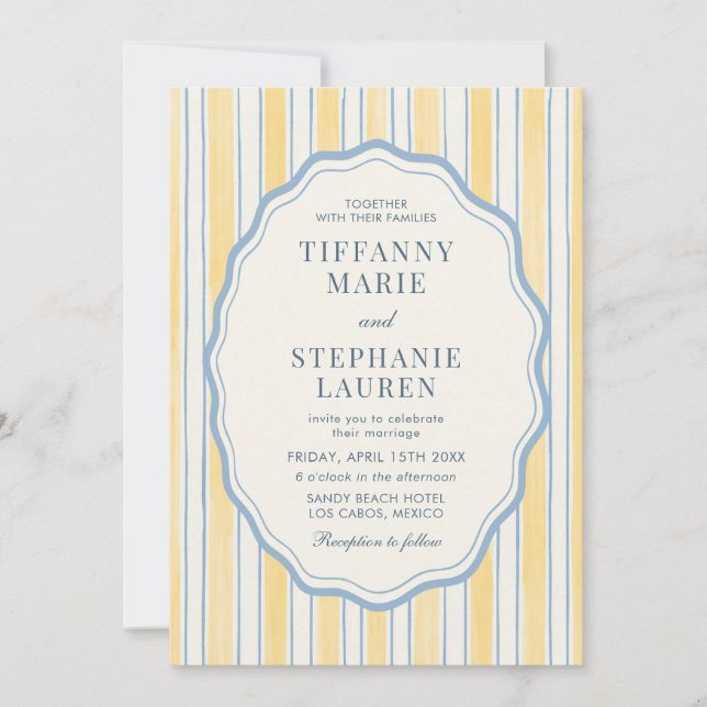 Convites Citrus Yellow Elegant Modern Stripe Wedding (Frente)