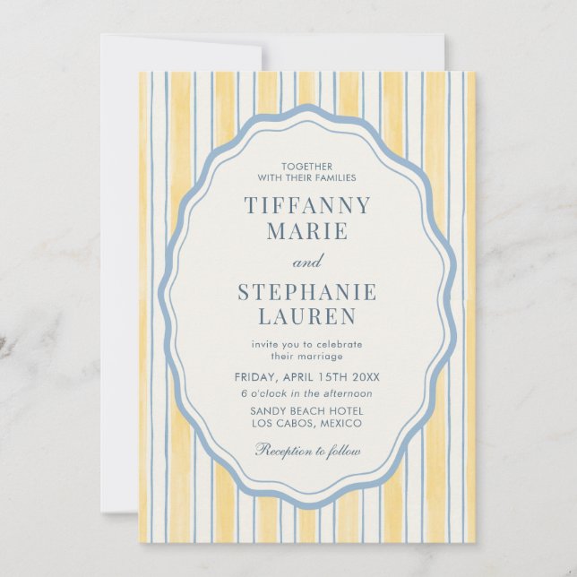 Convites Citrus Yellow Elegant Modern Stripe Wedding (Frente)