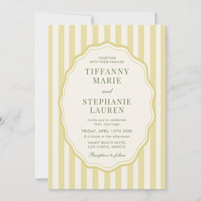 Convites Citrus Yellow Elegant Modern Stripe Wedding (Frente)