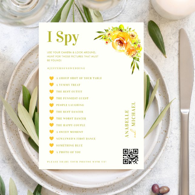 Convites Citrus Yellow Floral Wedding I Spy Hunt Game Card (Criador carregado)