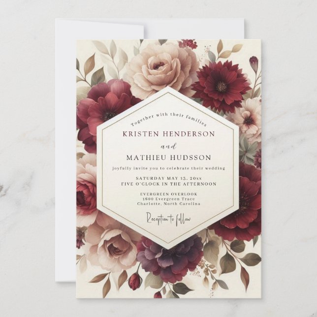 Convites Claret Romantic Bloom Wedding (Frente)