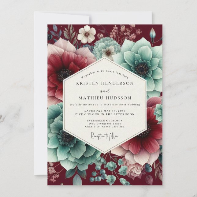Convites Claret Teal Moody Bloom Wedding (Frente)
