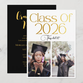 Convites Class of 2026 2 Photo Twins Black Gold Typography