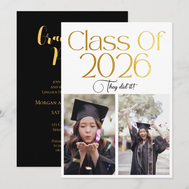 Convites Class of 2026 2 Photo Twins Black Gold Typography (Frente/Verso)