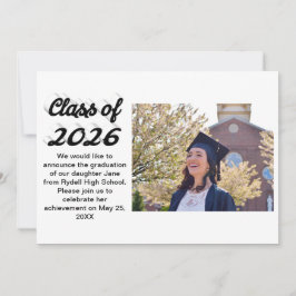 Convites Class of 2026 black script graduation photo 