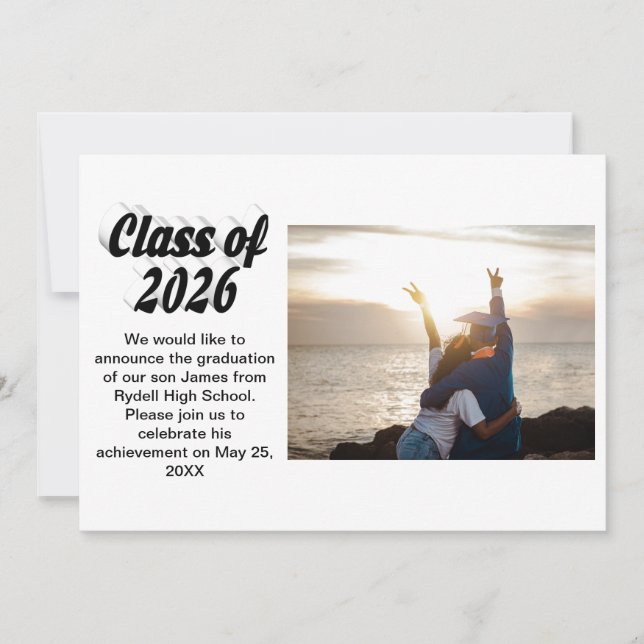 Convites Class of 2026 black text graduation photo  (Frente)