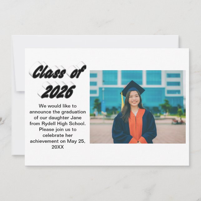 Convites Class of 2026 black typography graduation photo  (Frente)