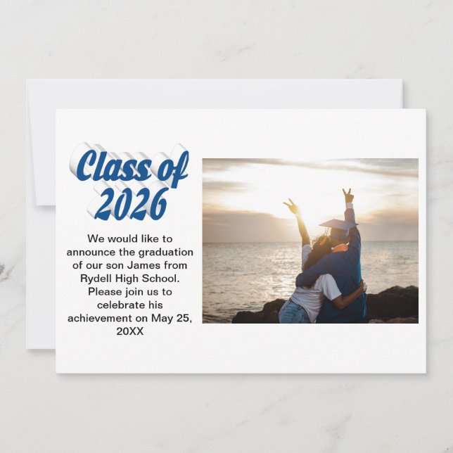 Convites Class of 2026 blue text  graduation photo  (Frente)