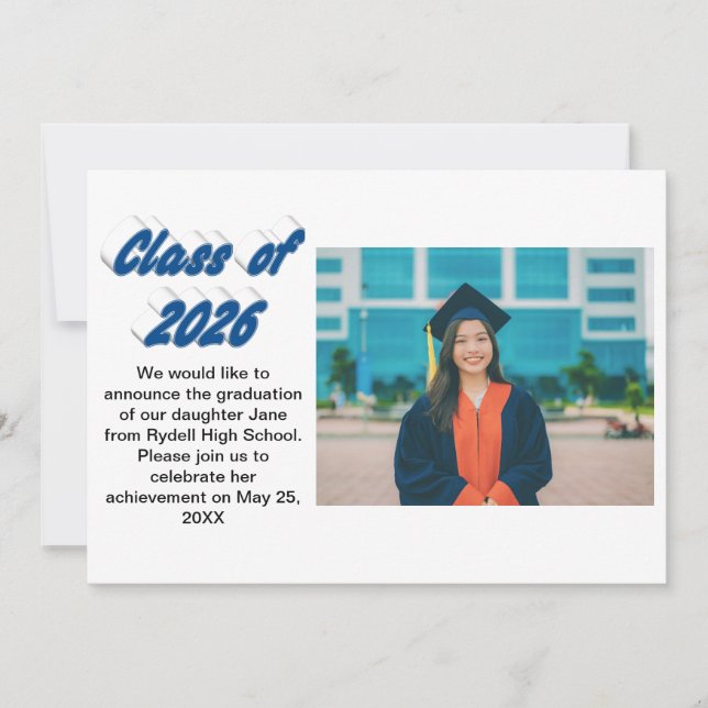 Convites Class of 2026 blue typography graduation photo (Frente)
