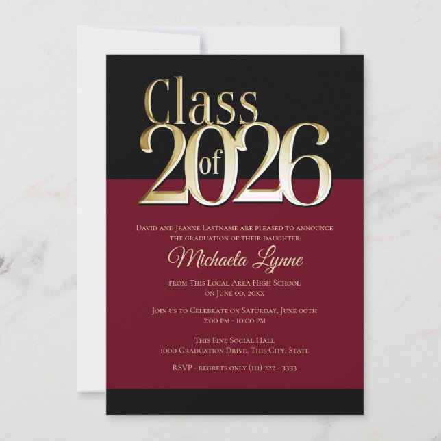 Convites Class of 2026 Burgundy and Gold Grad Invitation (Frente)