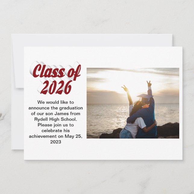 Convites Class of 2026 burgundy text  graduation photo  (Frente)