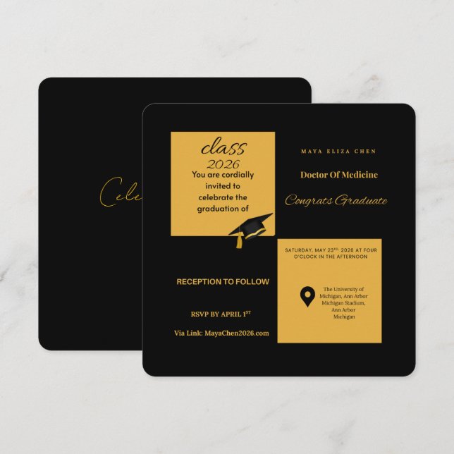 Convites  Class of 2026 Medical School Invite | Elegant Sq (Frente/Verso)