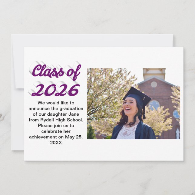 Convites Class of 2026 purple script graduation photo (Frente)