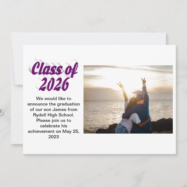 Convites Class of 2026 purple text  graduation photo  (Frente)