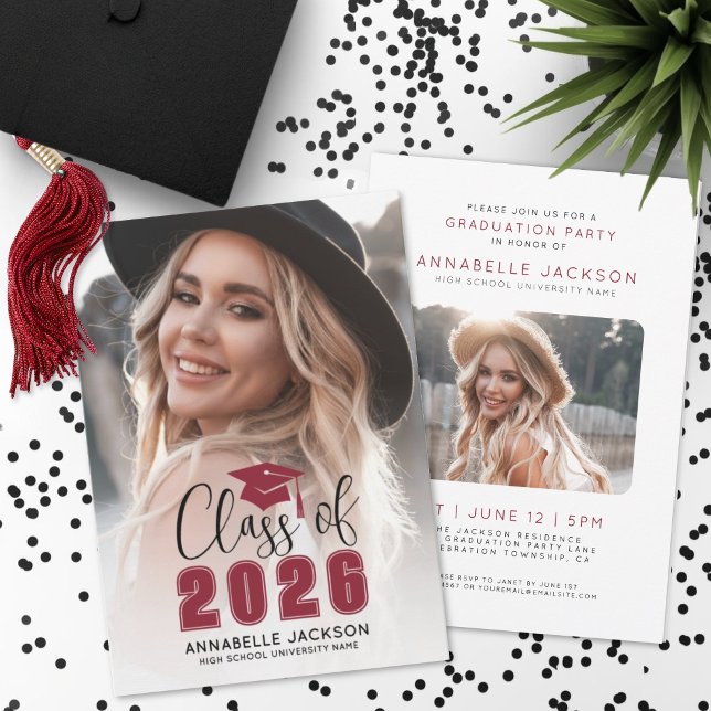 Convites Class Of 2026 Red Graduate Photo Graduation (Class Of 2026 Red Graduate Photo Graduation Invitation)