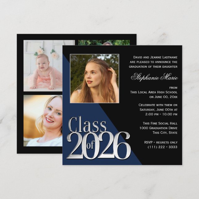 Convites Class of 2026 Silver Grad Blue with Photo (Frente/Verso)