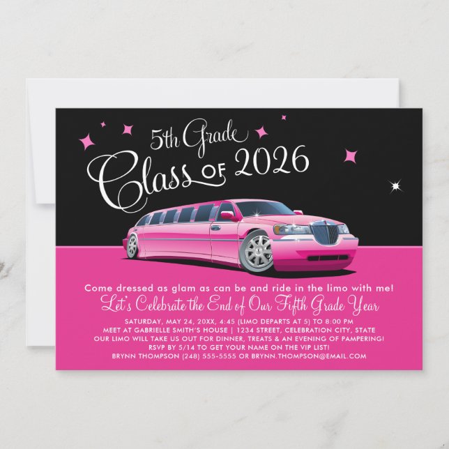 Convites Classe 5 Classe Girly Pink Limousine Night Out (Frente)