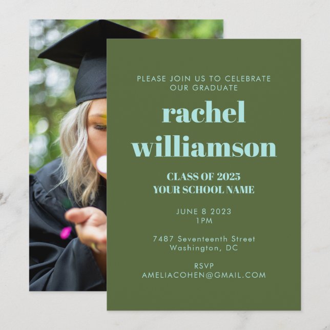 Convites Classe Azul Verde de Festa de formatura Fotográfic (Frente/Verso)