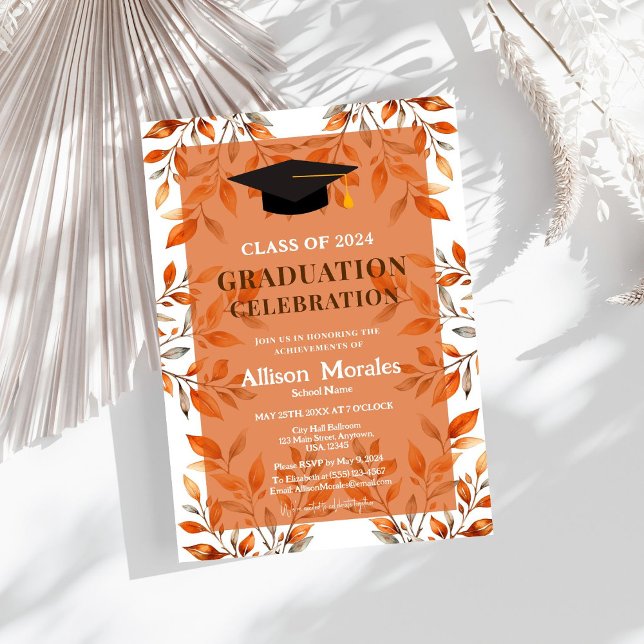 Convites Classe das Folhas Laranja de Graduação Terracotta  (Set the tone for your graduation party with our vibrant orange leaves invitation. 🎉🌺)
