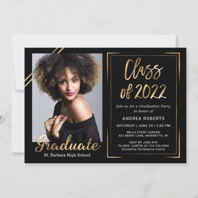 Convites Classe de 2022 Modern Black Dourado Photo Graduati (Frente)