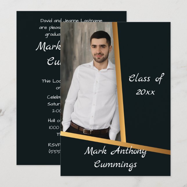 Convites Classe De Elegância Do ouro De Graduação De Foto 3 (Frente/Verso)