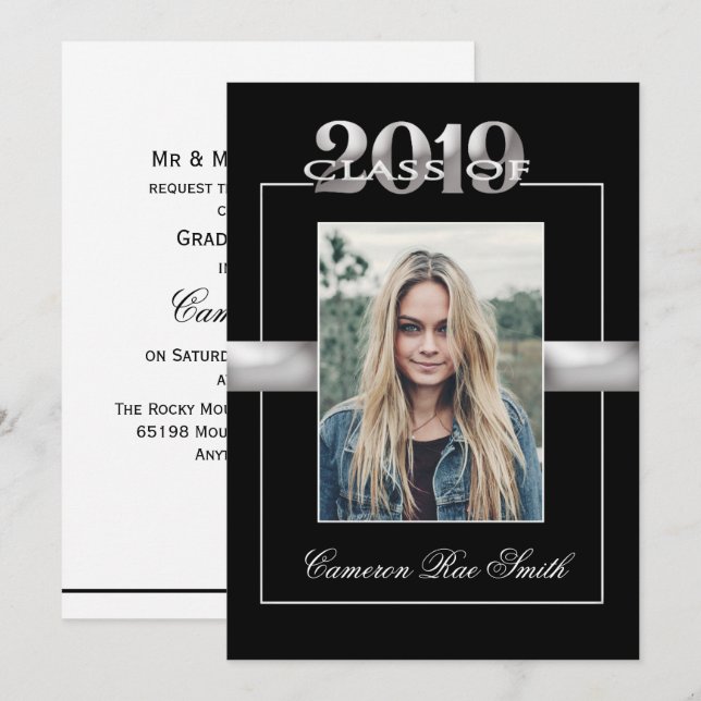 Convites Classe de Festa de formatura preta e prata 2019 (Frente/Verso)