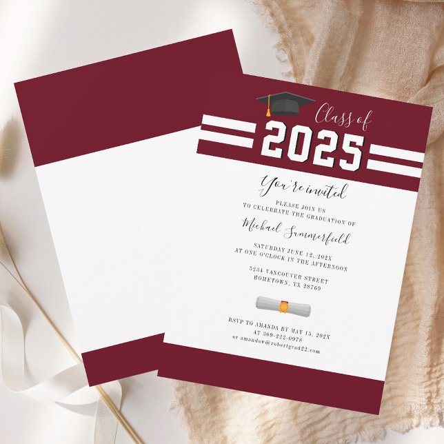 Convites Classe de Formando da Borgonha Festa de formatura  (Grad Class of 2025 Graduation Party Burgundy Invitation)
