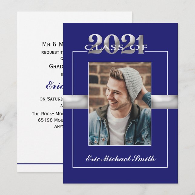 Convites Classe de Foto de Festa de formatura de Prata Azul (Frente/Verso)