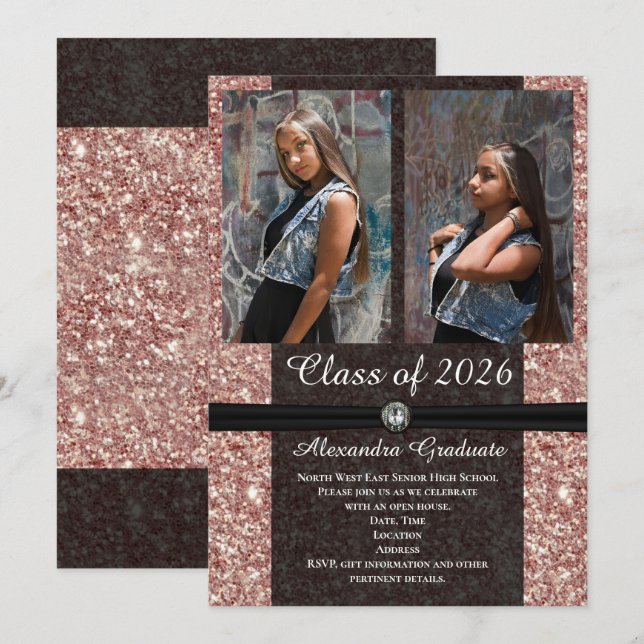Convites Classe de Foto Glitter Dourada de rosa com Graduaç (Frente/Verso)