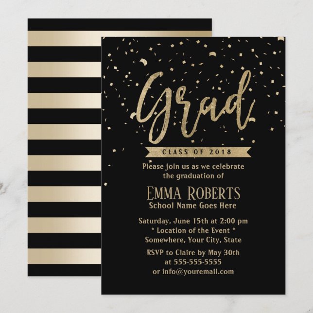 Convites Classe de Graduação de Confetti Dourada Moderna de (Frente/Verso)