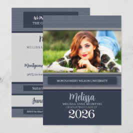 Convites Classe de Graduação de Foto Pinstripe Azul 2025