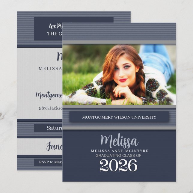 Convites Classe de Graduação de Foto Pinstripe Azul 2025 (Frente/Verso)