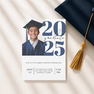 Convites Classe de Graduação de Fotos Azul e Branco Moderno