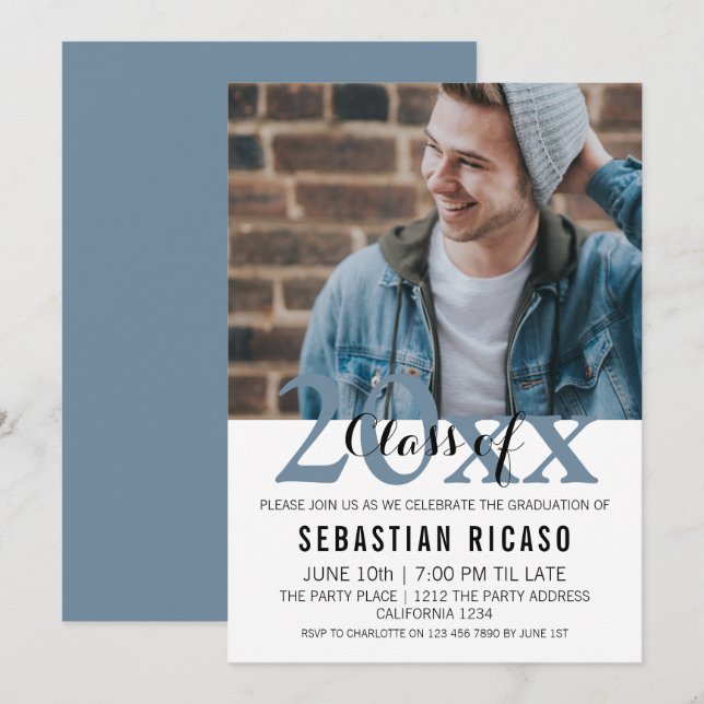 Convites Classe de Graduação de Personalizado Moderno (Azul (Frente/Verso)