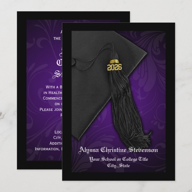 Convites Classe de Graduação Digna de Tassel Roxo 2025 (Frente/Verso)