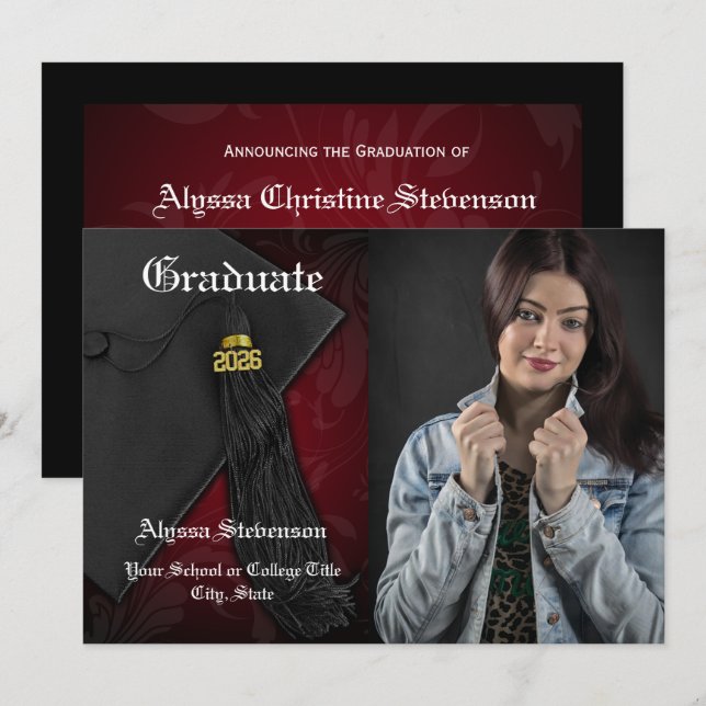 Convites Classe de Graduação Digna de Tassel Vermelho 2025 (Frente/Verso)