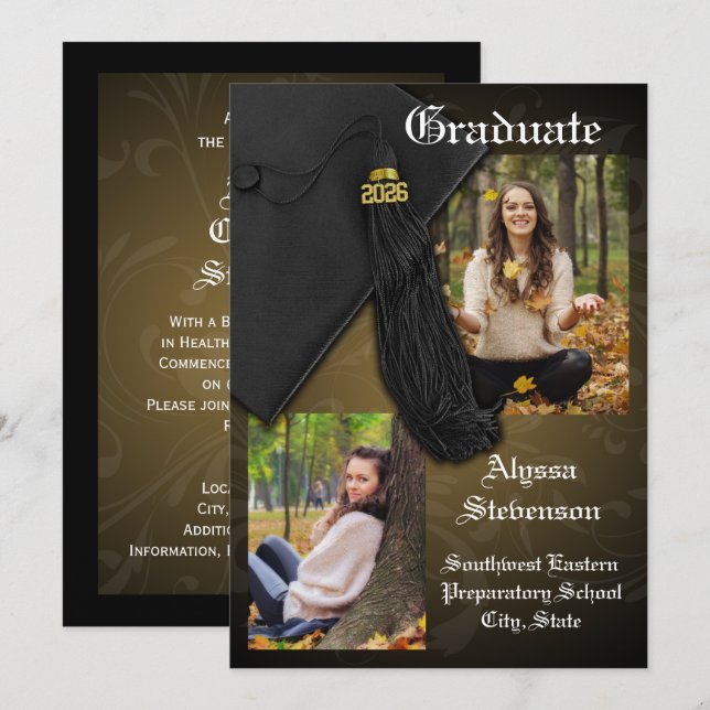 Convites Classe de graduação Dourada Tassel de 2025 (Frente/Verso)
