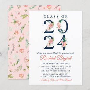 Convites Classe de Graduação Floral de Coral de Watercolo