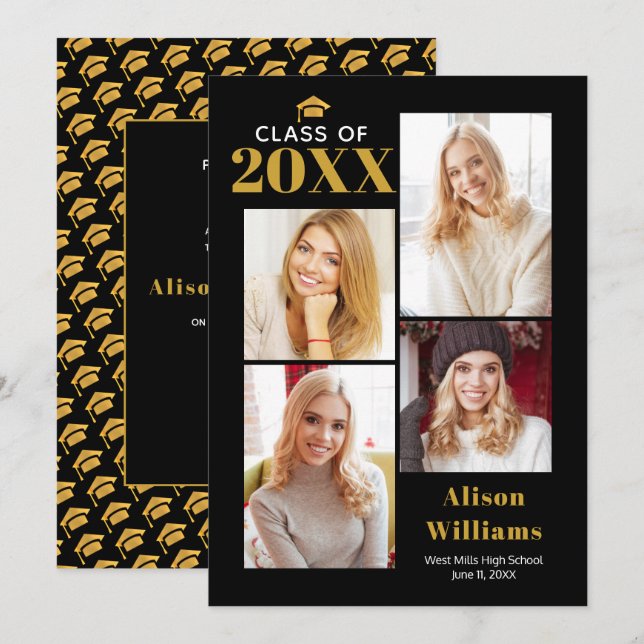 Convites Classe do boné de formatura de ouro e preto 2025 (Frente/Verso)